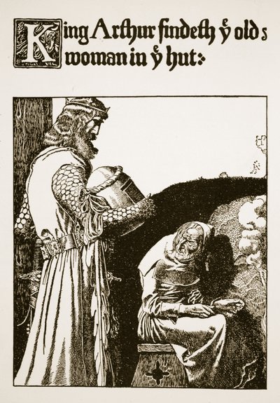 Koning Arthur vindt de oude vrouw in de hut, illustratie uit 